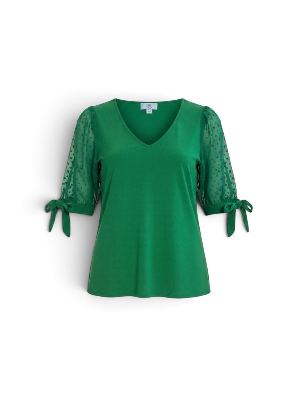 CeCe Emerald Green V-Neck Top with Sheer Dot Puff Sleeves and Tie Cuffs